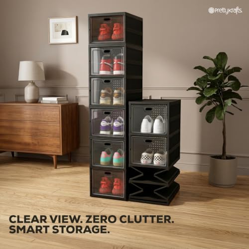 Image of PrettyKrafts 6-Tier Collapsible Shoe Rack with Door | Heavy Duty Plastic Sneaker Crates | Transparent Shoe Boxes | Sneaker Shoe Stand | Organiser for Heels, Boots, Loafers, Slippers,Black