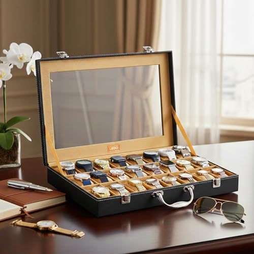 LEDO 24 Slot PU Leather Watch Box Black Black&Cream - Image 2