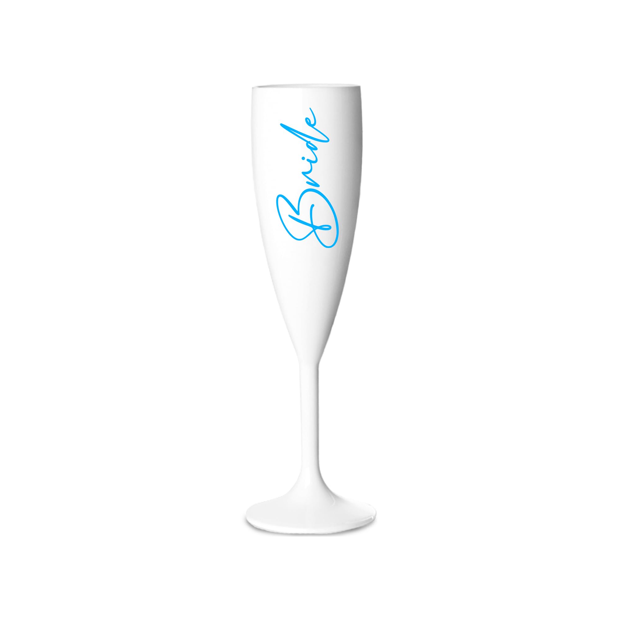 Print Maniacs Champagne Premium White Flute Glass Bride Groom Mr Mrs Wedding Maid Honour Wine Cocktail Prosecco Celebrations Gift (Baby Blue, Bride)
