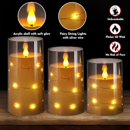 NURADA Flickering Flameless Candles: Built-in Star String Lights 3D Wick Acrylic Battery Operated LED Pillar Candles with Remote and Timer for Fall Halloween Christmas Home Decoration - 3 Pack Gray - Image 4