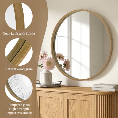 Image of WallBeyond Round Wood Mirror, 36 inch Round Modern Decoration Large Circle Wall Mirror for Bathroom Living Room Bedroom Entryway, Natural