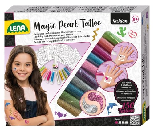 LENA - 42442 - Fashion Magic Perles de Tatouage, avec Mini-Perles en 10 Couleurs pour 150 Tatouages, 200 pochoirs, décoration corporelle Lavable pour Les Enfants à partir de 6 Ans