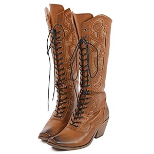SO SIMPOK Lace Up Cowboy Boots for Women, Vintage Knee-High Cowgirl Boot, Low Heel Mid Calf Western Boots, Tall Square Toe Boot for Ladies