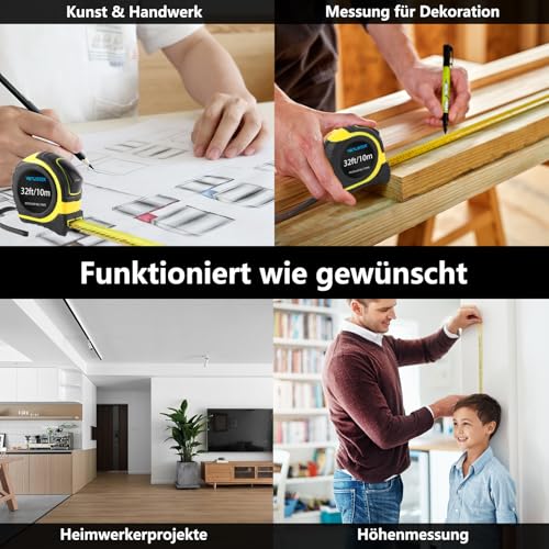 VENUSTEK Maßband Massband, 10 m (32 Fuß), Profi Bandmaß mit Gürtelclip,Feststeller, gelb lackiert mit Zoll- und mm Skala, für Haushalt, Heimrenovierungen und Baustelle