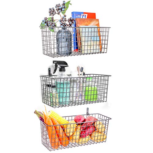 3 Set [Extra Large] Hanging Wall Basket For Storage, Wall Mount Sturdy Steel Wire Baskets, Metal Hang Cabinet Bin Wall Shelves, Rustic Farmhouse Decor, Kitchen Bathroom Organizer, Industrial Gray #TOP4