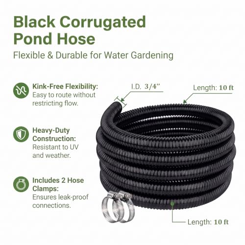 Image of Pond Hose 3 /4 inchID x 10ft Black Corrugated Flexible Pump Tubing & 2 Clamps | Reinforced Water Hose Vinyl Tubing for Sump Pump Pond Fountain Garden Waterfall, Non-toxic & Kink-proof (3 /4in - 10ft)