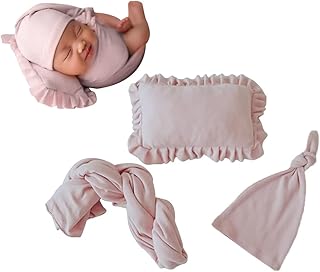 Surakey 3PCS Newborn Baby Photography Props Soft Elastic Plush Wrap Swaddle Hat Pillow Set Photo Shooting for Girl Boy Infant (Pink)