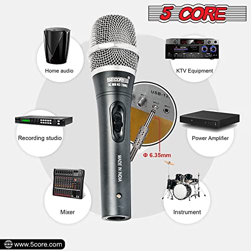 5 Core Professional Dynamic Vocal Microphone Neodymium Cardioid Unidirectional Handheld Mic For Speakers, Karaoke W/Steel Mesh Grille, Metal Body On/Off Switch W/16Ft Detachable Cable+ Mic Clip+ Case #TOP3