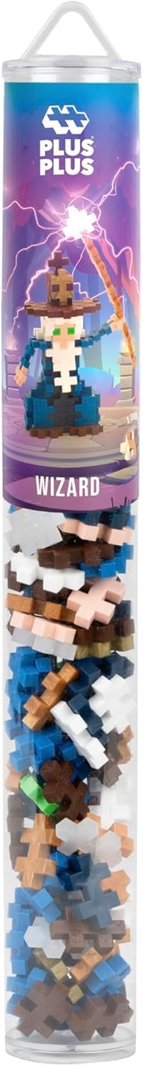Plus-Plus Wizard building set in its clear plastic tube packaging, showing the pieces inside and the wizard image on the label.