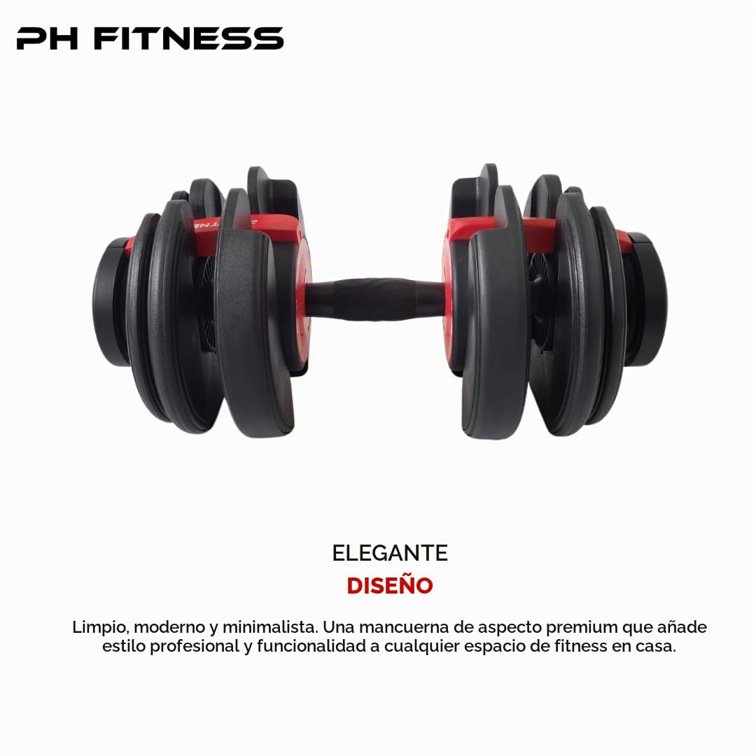 PH Fitness Mancuernas Ajustables Premium 24kg – 15 en 1 con Ajuste Rápido con Una Mano – Juego Compacto para Gimnasio en Casa – 2.5 a 24 kg – Equipo de Fitness Ahorra Espacio