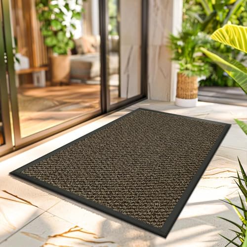 Large Door Mat Entrance Dirt Grabber Floor Mat - Brown, 60 x 90 cm - Waterproof Non Slip Strong Rubber Backing PVC Door Mat for Indoor Kitchen, Entrance Hall Hallway