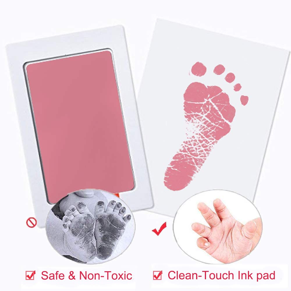 Paquete de 2 almohadillas de tinta de mano y huella grande sin tinta para bebé Pet Paw Print Kit (2 almohadillas de tinta rosa, 4 tarjetas de impresión)