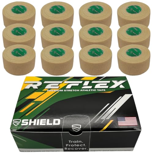 Shield Reflex | Stretch 1 Inch Athletic Tape, Tear by Hand, Made in USA, Thin, Flexible, Finger Tape, Elastic Sports Tape 12 Pack (Beach Beige)