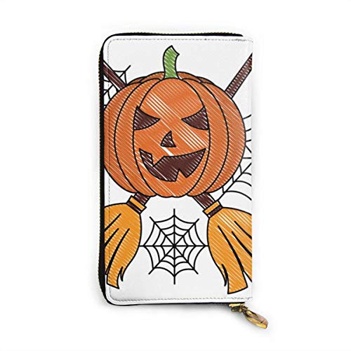 Preisvergleich Produktbild JHGFG Halloween Kürbis Besen Spinnennetz Echtes Leder Geldbörse Lange Damen Geldbörse Handtasche Multi Kartenhalter Organizer Für Frauen Personalisiert