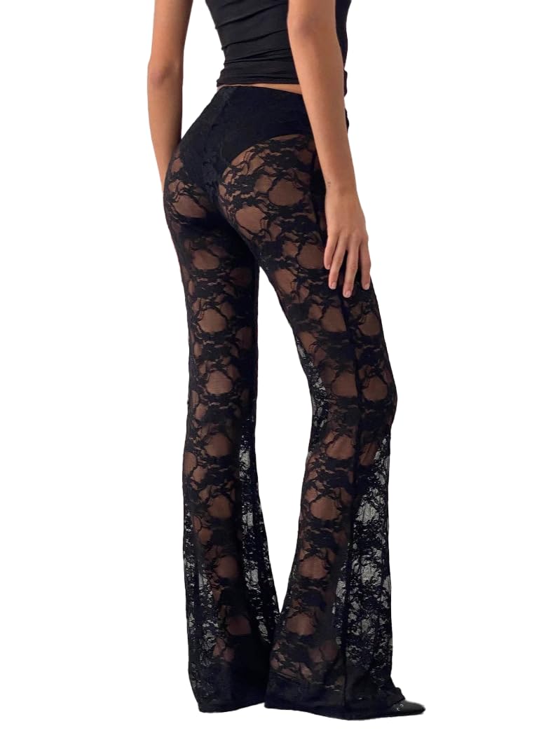 THLAI Pants for Women Casual High Waist Flare Pants Sexy Slim Fit Printed Lace Trousers