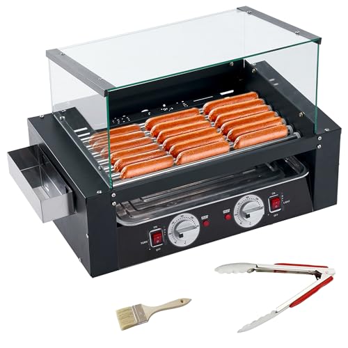 1400W Hot Dog Roller, 7 Rollers Hot Dog Machine, 18 Hot Dogs Capacity, Dual Temp Control Stainless Hotdog Roller Grill with Glass Guard, LED Warm Light for Commercial, Party, BBQ (7 Rollers)