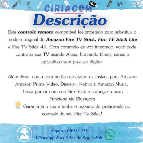 Controle Remoto Ciriacom Compatível com Stick Fire Tv- Com Comando de Voz e teclas de atalho Substit