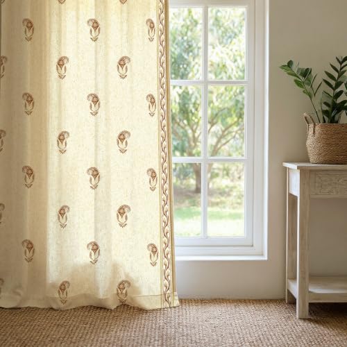 Image of Urban Space 100% Cotton Floral Curtains 7 feet Long Set of 2, 60-65% Room Darkening, Decorative Curtains with Eyelets /Rings for Hanging, Tieback Included (Jaipur Paisley Rust, Door - 7 Feet)