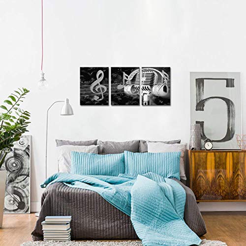 Biuteawal Music Artistic Paintings Wall Art Black White Microphone And Headset Note Picture Canvas Giclee Print Modern Home Studio Bedroom Decor Stretched And Framed Ready To Hang thumb #4