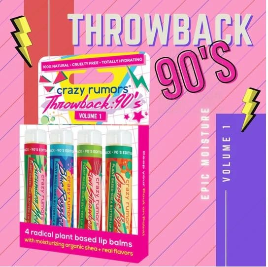Crazy Rumors Throwback 90's Lip Balm mix set. Natural and Vegan lip balm sticks in nostaligic1990's themed flavours! (Cucumber Melon