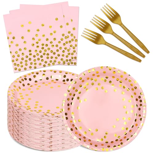 150 PCS Pink and Gold Paper Plates and Napkins Party Supplies,Serves 50 Guests Pink Gold Plates and Napkins,Disposable Paper Tableware Set for Birthday Wedding Bridal Shower Baby Shower Decorations