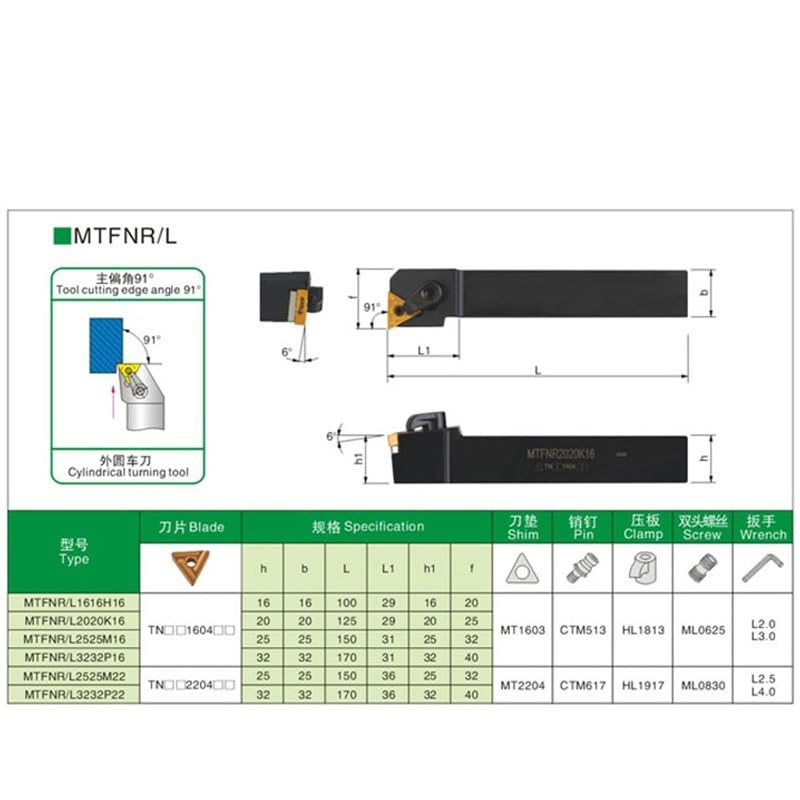 1pc MTFNR1616H16 MTFNR2020K16 91 Degree External Turning Tool Indexable Lathe Tools Lathe Inserts Holder CNC Turning Tool(MTFNL2020K16)