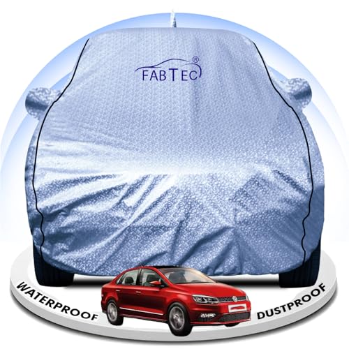 Image of FABTEC Metallic Silver Waterproof Car Body Cover for Volkswagen Vento Sun, UV and Dust Protection with Mirror and Antenna Pocket (Reflective Silver with Black Piping)