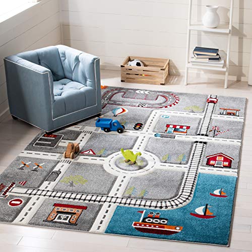 SAFAVIEH Carousel Kids Collection 5'3" Square Grey/Ivory CRK192F Neighborhood Non-Shedding Nursery Playroom Area Rug -  CRK192F-5SQ