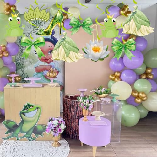 Image of 20Pcs Princess and Frog Hanging Swirls, Princess Coquette Bow Hanging Decor Whirl, Green Frog Birthday Party Ceiling Streamers for Frog Princess Party, Princess Baby Shower, Garden Birthday Decoration