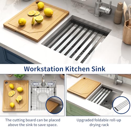 Image of LQS 13 Inch Undermount Bar Sink, Stainless Steel RV Kitchen Sink, 10 inch Depth Small RV Kitchen Sink, 16 Gauage Stainless Steel Material, Workstation Ledge With Cutting Board and Abundant Accessories