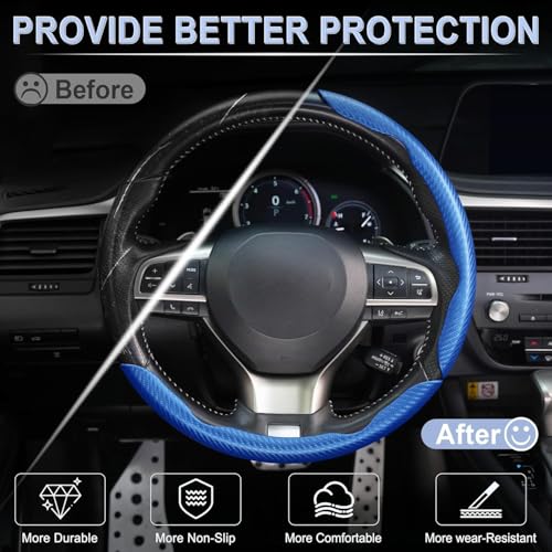 Image of Amiss 3pcs Carbon Fiber Anti-Skid Steering Wheel Cover, Waterproof & Segmented Butterfly Design, Universal 99% Vehicle Wheel Cover Protector, Car Interior Accessories, Blue