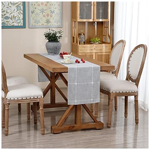 Embroidered Linen Table Runner Rustic Plaid Farmhouse Table Runners Checkered Rectangle Runnerl for Dinning Dresser Coffee Party Holiday Table Decor Grey 13 x 48 inch - Image 3