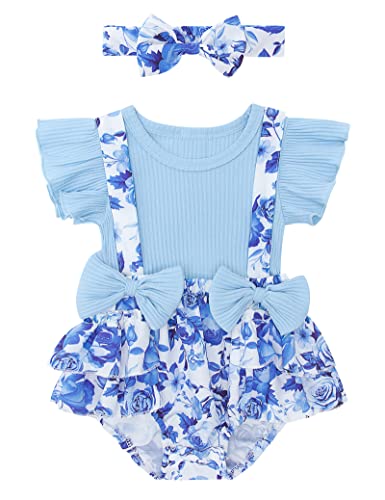 Image of Fashion Blue Flower Baby Girl Bodysuit Cutest Infant Outfit with Headband Suspender Bowknot Baby Girls' Clothing 3-6 Months Jumpsuit Comfy Soft Newborn Romper Set