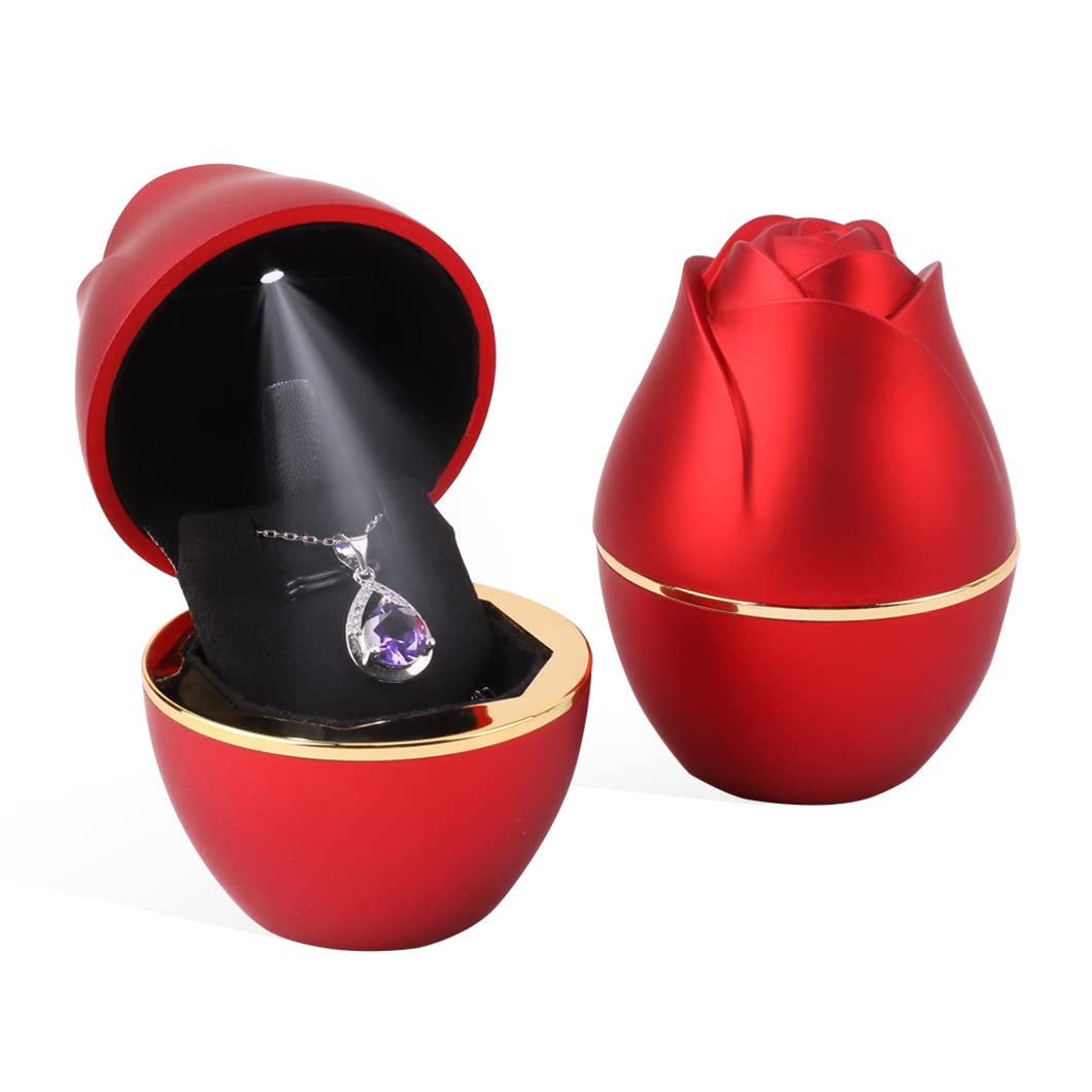 Rolin Roly Red Pendant Box With Led Light Rose Shape Velvet Box Storage Jewelry Boxes Display Necklace Gift Case For Organizer Engagement Anniversaries Weddings