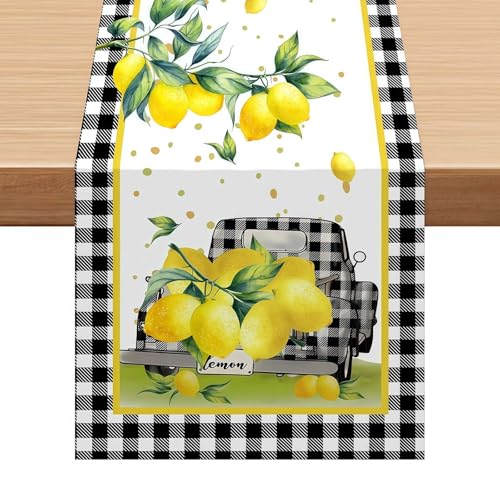 Tischläufer Zitrone Auto 183x33 cm, Zitronen Deko für Esstisch, Sommer Deko Vintage, Mediterrane deko für Küche & Garten, Modernes Tischband, Tischläufer Outdoor Wetterfest Leinen