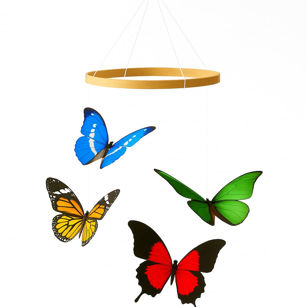 Butterfly Baby Mobile – Handmade Montessori Hanging Nursery Decor, Beech Wood Hoop & Colorful Butterflies for Crib/Play Area (Visual Sensory Stimulation)