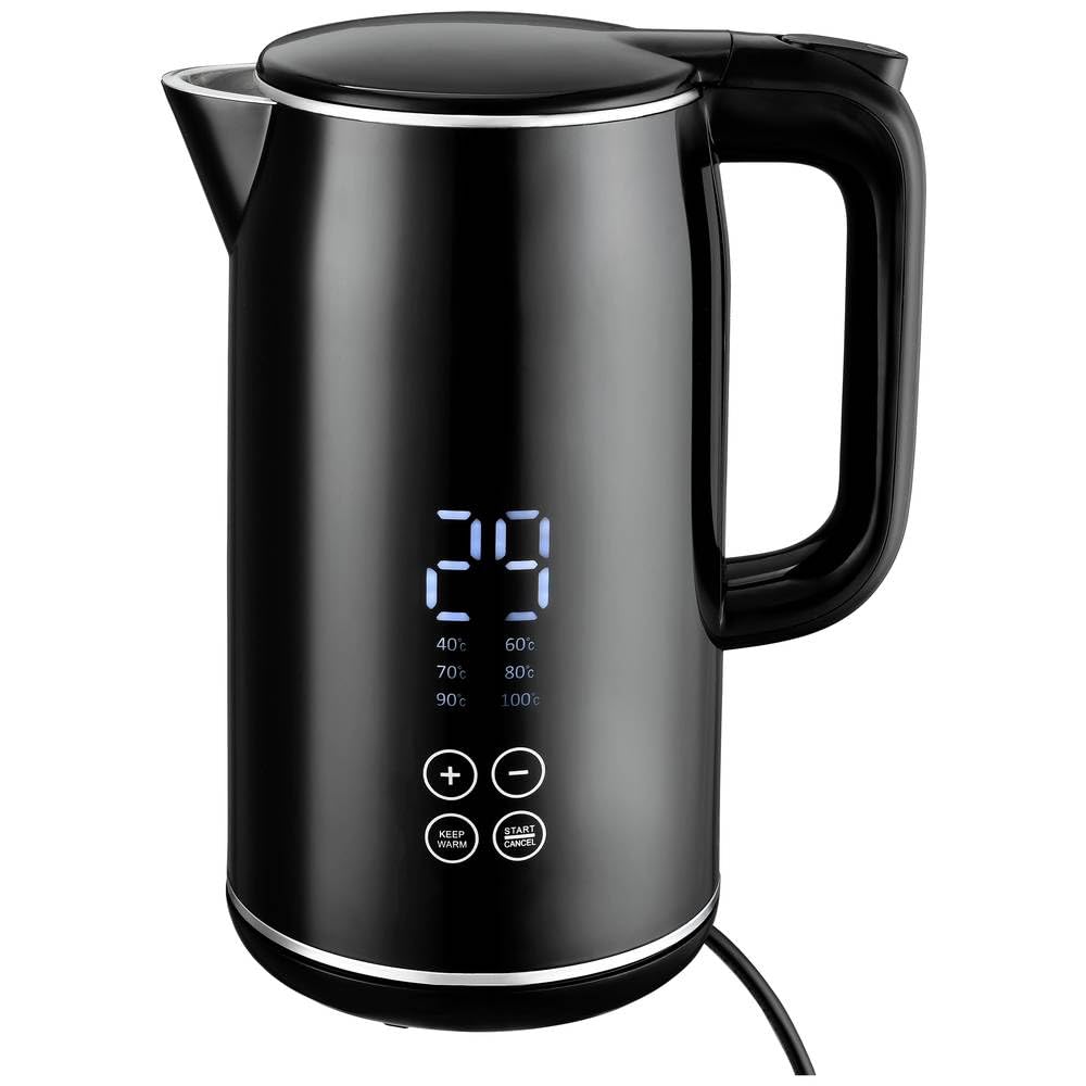 Venga! Bouilloire Électrique 1,7 L, Intérieur Acier Inoxydable 100% Sans BPA, Double Paroi, Maintien au Chaud pendant 4h, Affichage Digital, 6 Températures Préréglées, Noir/Argent, 2200 W, VG JK 3003