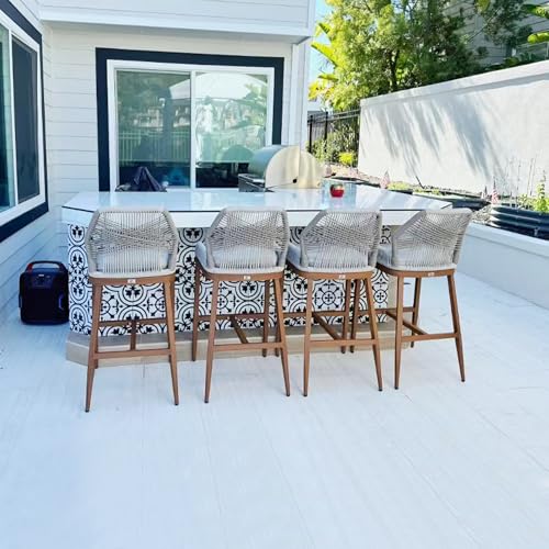 Image of PURPLE LEAF Bar Stools Bar Height Set of 4 Outdoor Metal Accent Tall Barstools with Back Modern Wicker Rattan Boho Garden Pool Patio Bar Chairs