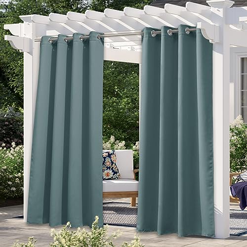 NICETOWN Greyish Blue Blackout Outdoor Curtains for Patio Waterproof, Rustproof Grommet Indoor Outdoor Drapes Thermal Window Treatments Cold & Heat Bl