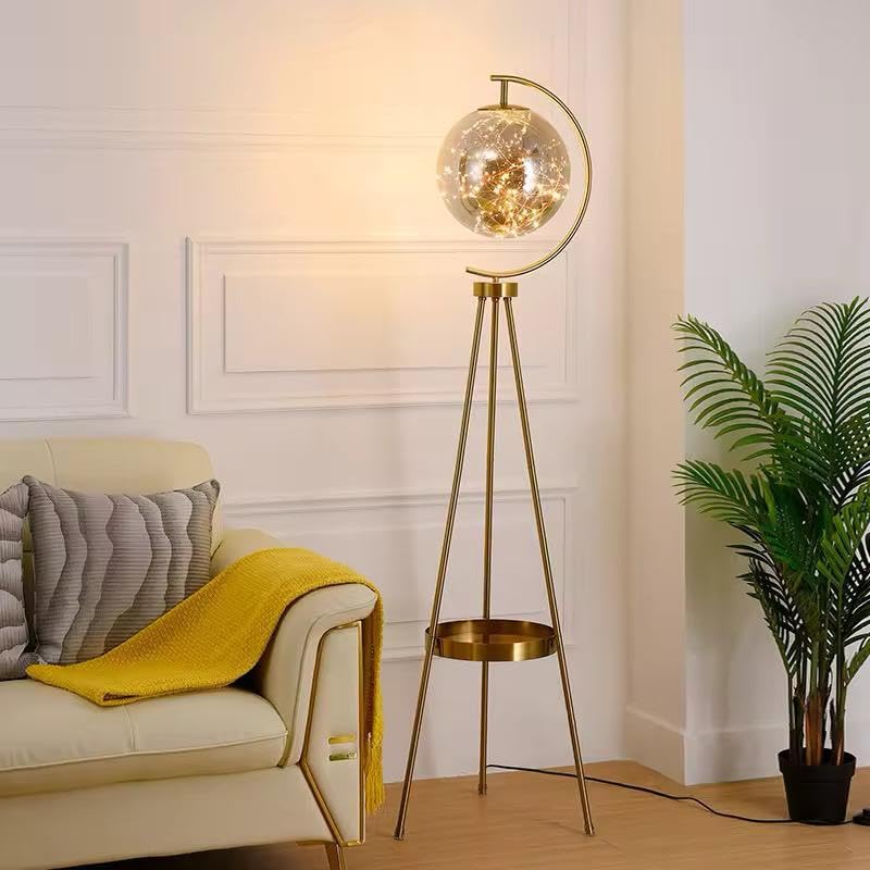 Image of blissbells Modern Tripod Floor Lamp with Glass Globe Shade, LED Fairy Lights, Gold Metal Stand, Storage Tray, 150 cm