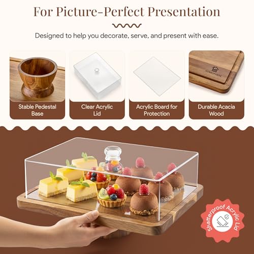 Image of HOMESPHERE Acacia Wood Cake Stand with Lid, 2-in-1 Charcuterie Board, 17x13