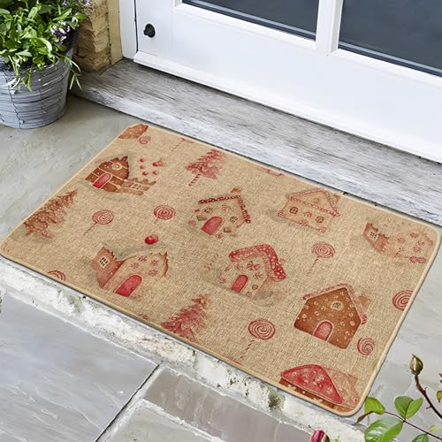 Felpudo de casa de jengibre, tapete navideño rojo y beige para entrada al aire libre e interior, decoración rústica, impermeable, antideslizante, resistente a la suciedad, fácil de limpiar, 29 x 17