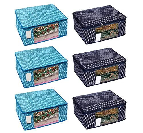 Image of Dress Cover With Zip|Clothe Cover Bag With Zip|Cotton Saree Cover Closet Orgnizer /Saree Bags For Wardrobe Orgnizer Clothe Cover|Wardrobe Bag Clothe|Window Cotton (Pack of 6, SkyBlue + Blue)