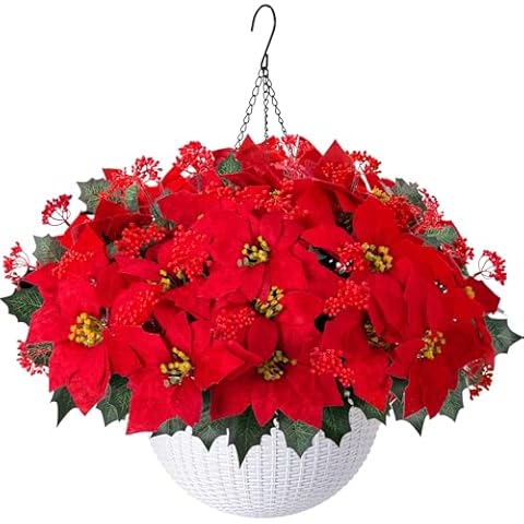 Ivydale Artificial Fake Poinsettia Flowers Plants Hanging Basket for Christmas New Years Decoration, Faux Red Flower Realistic UV Weather Resistant for Outdoor Porch Patio Balcony Holiday Decor Cover