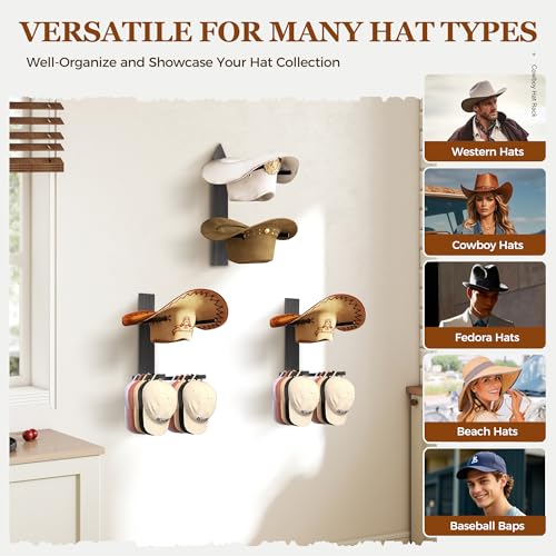 Cowboy Hat Rack for Wall, Cowboy Hat Holder Wall Mount Holds up to 6 Hats, Wooden Western Rustic Metal Hat-Organizer with Arrow Sign Board, Display and Decor Rack for Fedora, Sun Hats,Baseball Caps - image 4