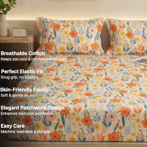 Image of VAS COLLECTIONS King Size Cotton Fitted Bedsheet (78 x 72 + 14 Inches) with Deep Pocket | 220 TC Soft Breathable Wrinkle Free Elastic Bed Sheet for King Mattress | (Beige)