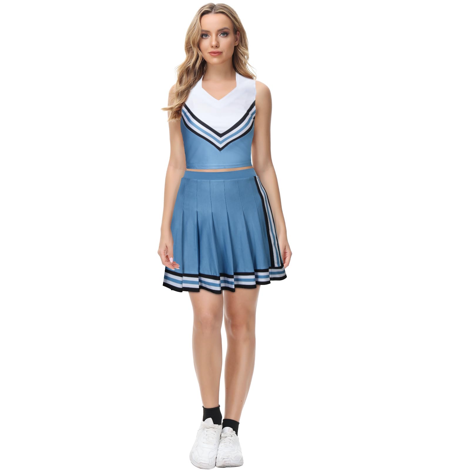 Azul Cheerleader Disfraz para Adulto Adolescentes Cheerleading Uniforme Tank Top Falda Plisada Cheer Outfit para Mujeres Niñas