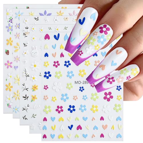 HTTDSLF 5 Hojas 3D Pegatinas Uñas Decorativas, Pegatinas para Uñas Flores, Decoración Uñass, Arte Nail Stickers Art Manicura Regalo, Autoadesiva Nail Art Stickers Decoración, PPegatinas de Uñass