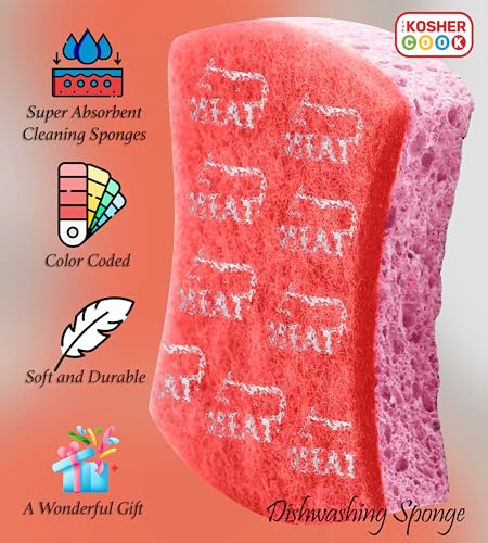 Image of The Kosher Cook Meat Red Dishwashing Sponges, Multifunctional Absorbent Cleaning Cellulose Scrub and Scouring Pad, Durable and Soft, Color Coded Home and Kitchen Accessories
