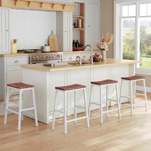 Image of STUDIO AXIS Wooden Bar Stool Set of 2 for Kitchen Counter | Wooden Seat with White Frame High Stool | Counter Height Bar Chairs for Kitchen Island, Home Bar & Cafe